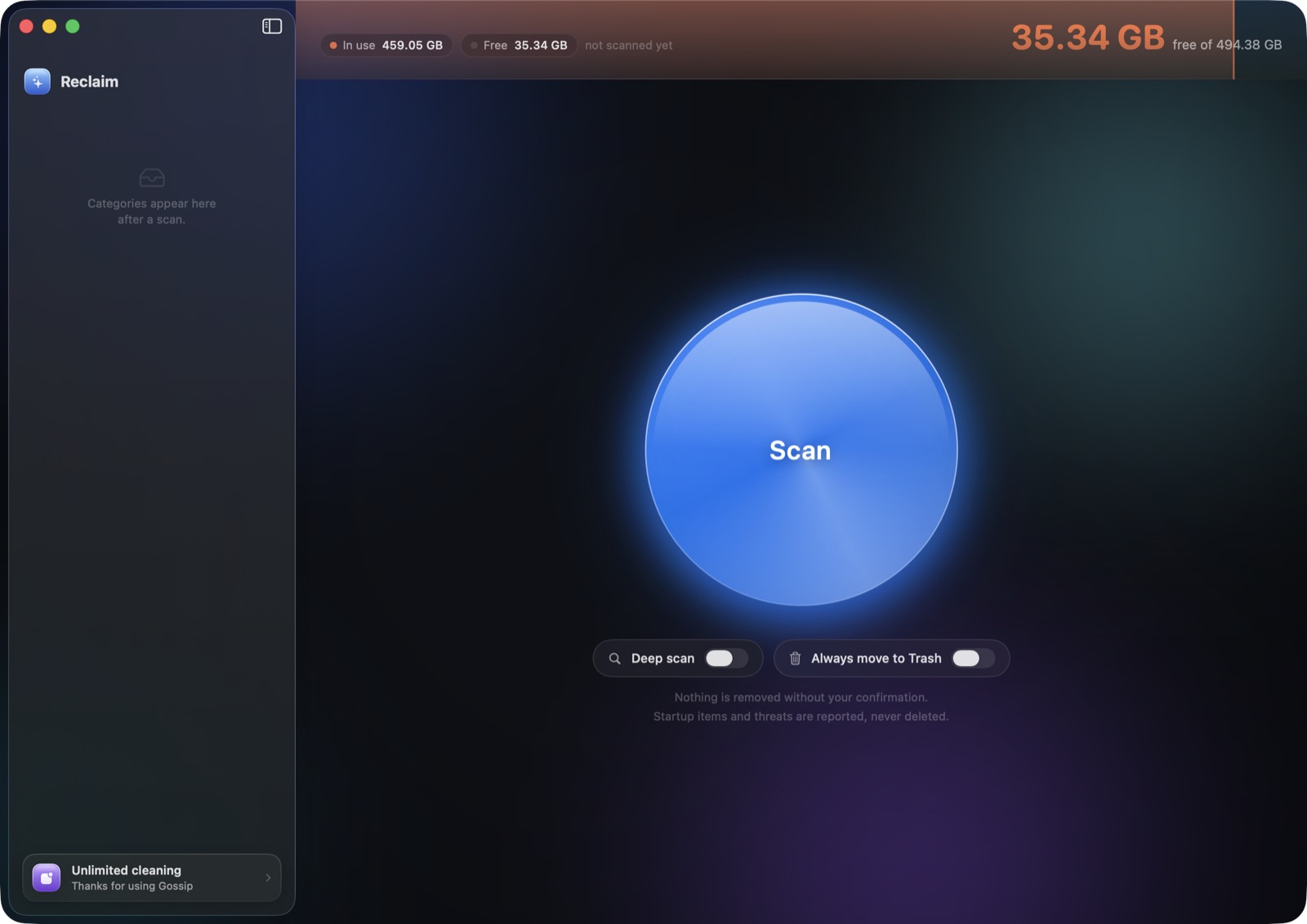 Scanning is free and unlimited — nothing is removed without confirmation.