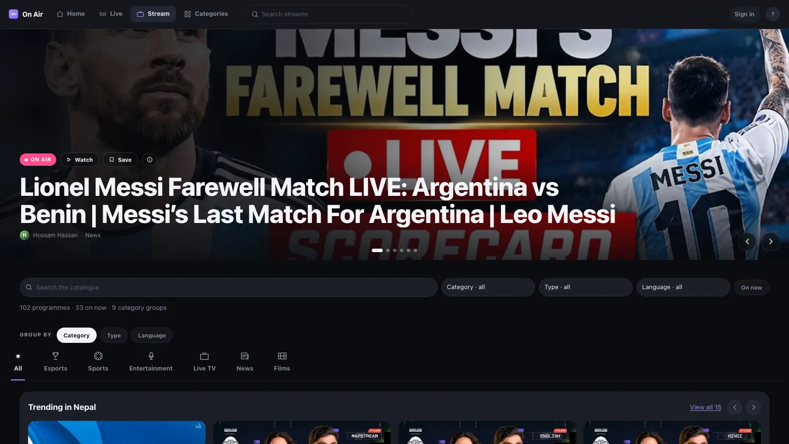 Streams and channels on onairlegends.com.